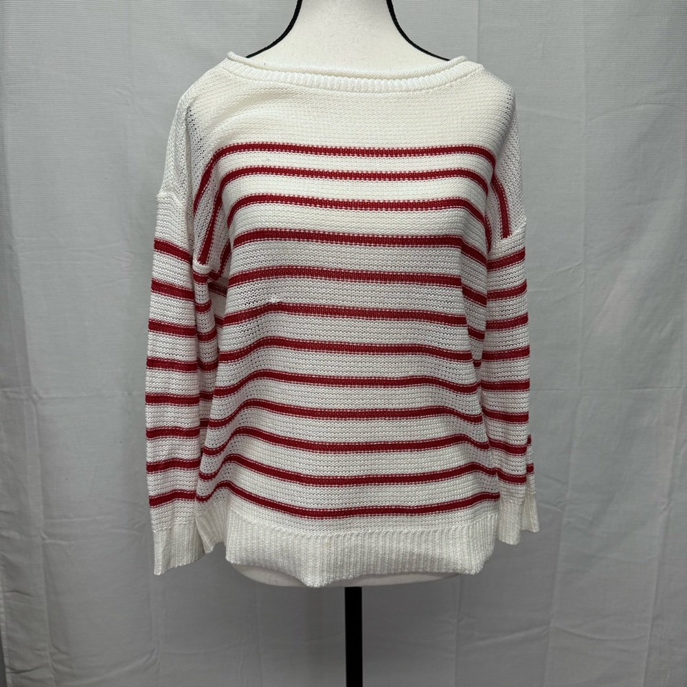 LOFT White & Red Striped Knit Sweater | Size Small Lightweight Pullover